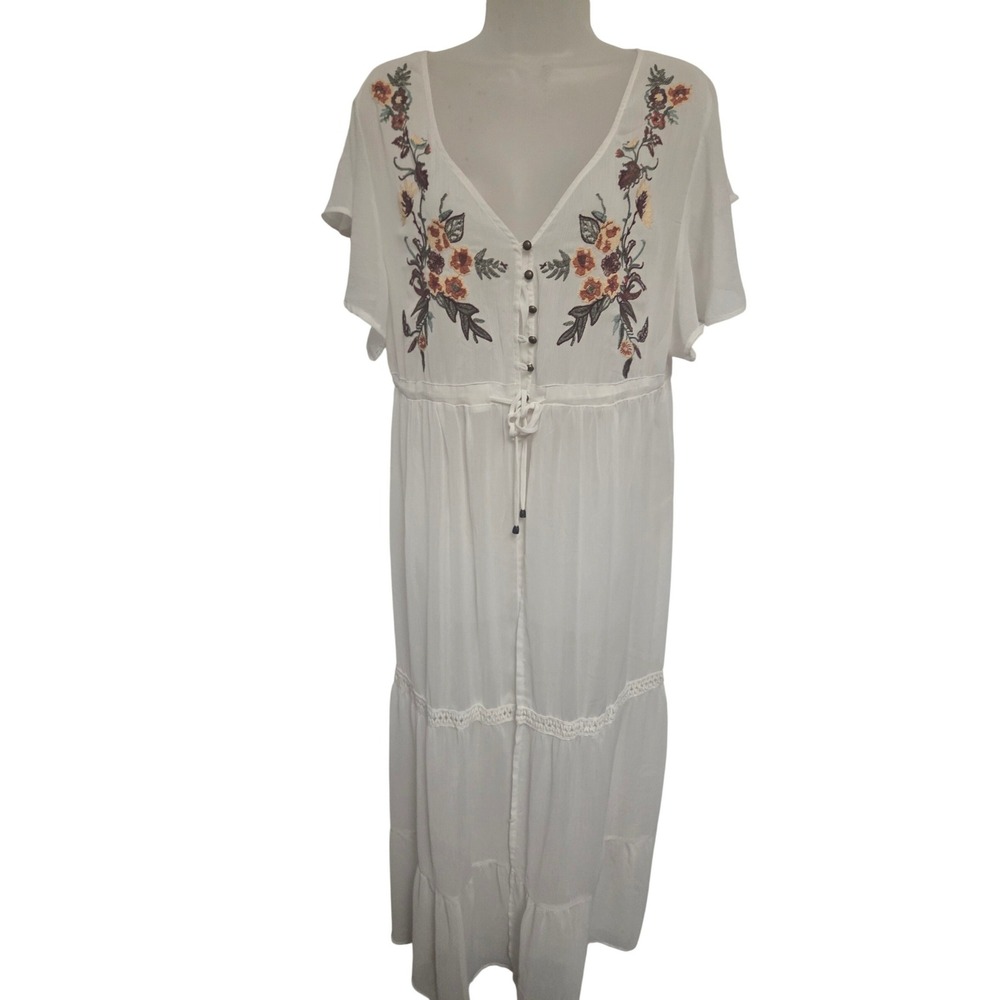 Boho White Embroidered Maxi‎ Dress Floral Peasant Gauze Festival Cottagecore L